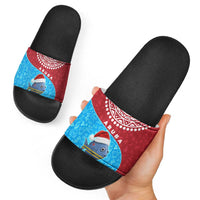 Aruba Christmas Slide Sandals with Santa Fish Aruba Flag Ocean Icons and Red Blue Holiday Pattern Design - Wonder Print Shop