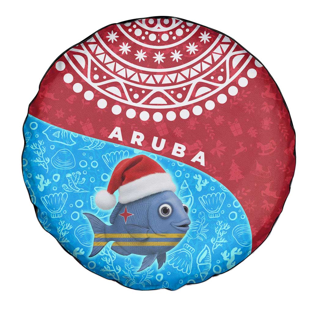 Aruba Christmas Spare Tire Cover with Santa Fish Aruba Flag Ocean Icons and Red Blue Holiday Pattern Design - Wonder Print Shop