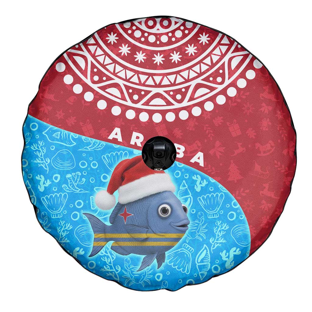 Aruba Christmas Spare Tire Cover with Santa Fish Aruba Flag Ocean Icons and Red Blue Holiday Pattern Design - Wonder Print Shop