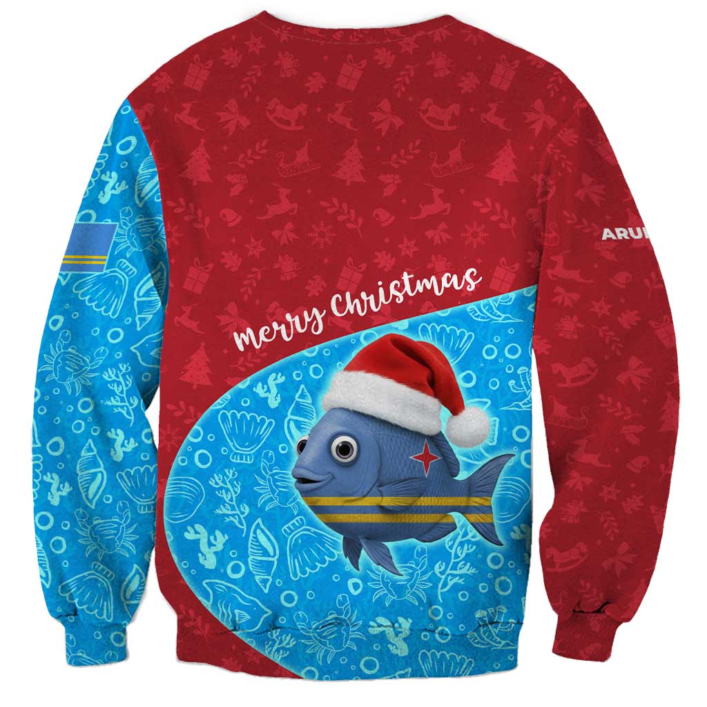 Aruba Christmas Sweatshirt with Santa Fish Aruba Flag Ocean Icons and Red Blue Holiday Pattern Design - Wonder Print Shop