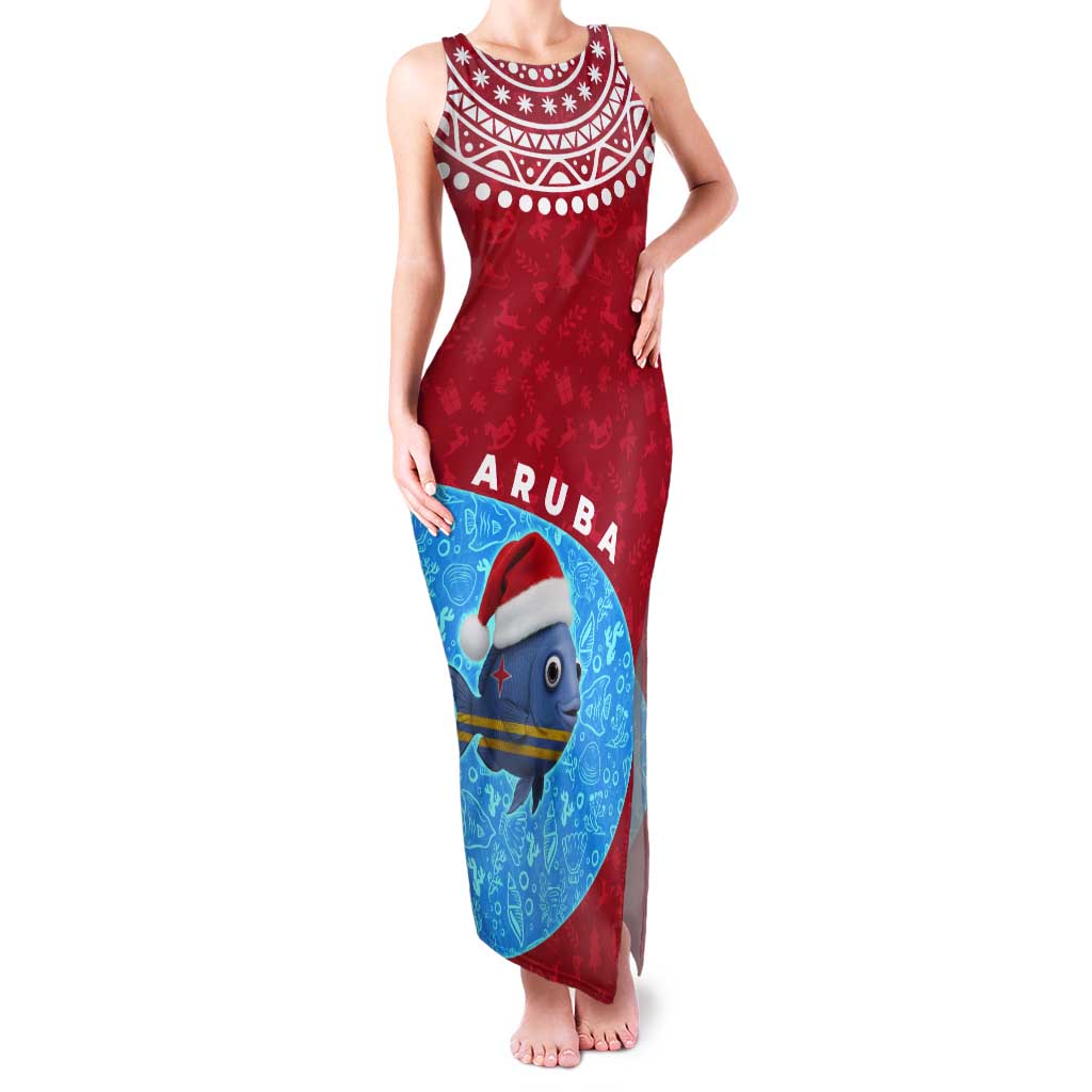 Aruba Christmas Tank Maxi Dress with Santa Fish Aruba Flag Ocean Icons and Red Blue Holiday Pattern Design - Wonder Print Shop