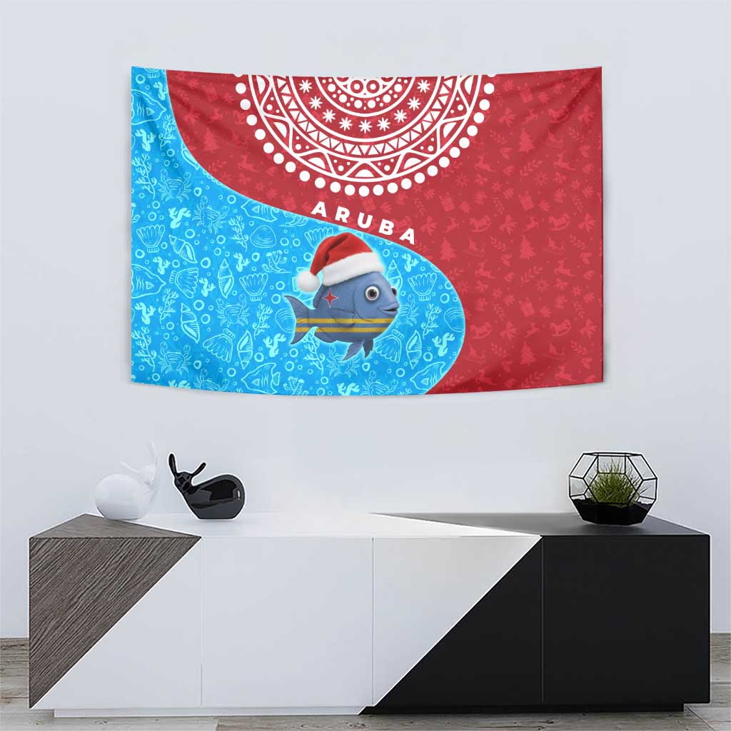 Aruba Christmas Tapestry with Santa Fish Aruba Flag Ocean Icons and Red Blue Holiday Pattern Design - Wonder Print Shop