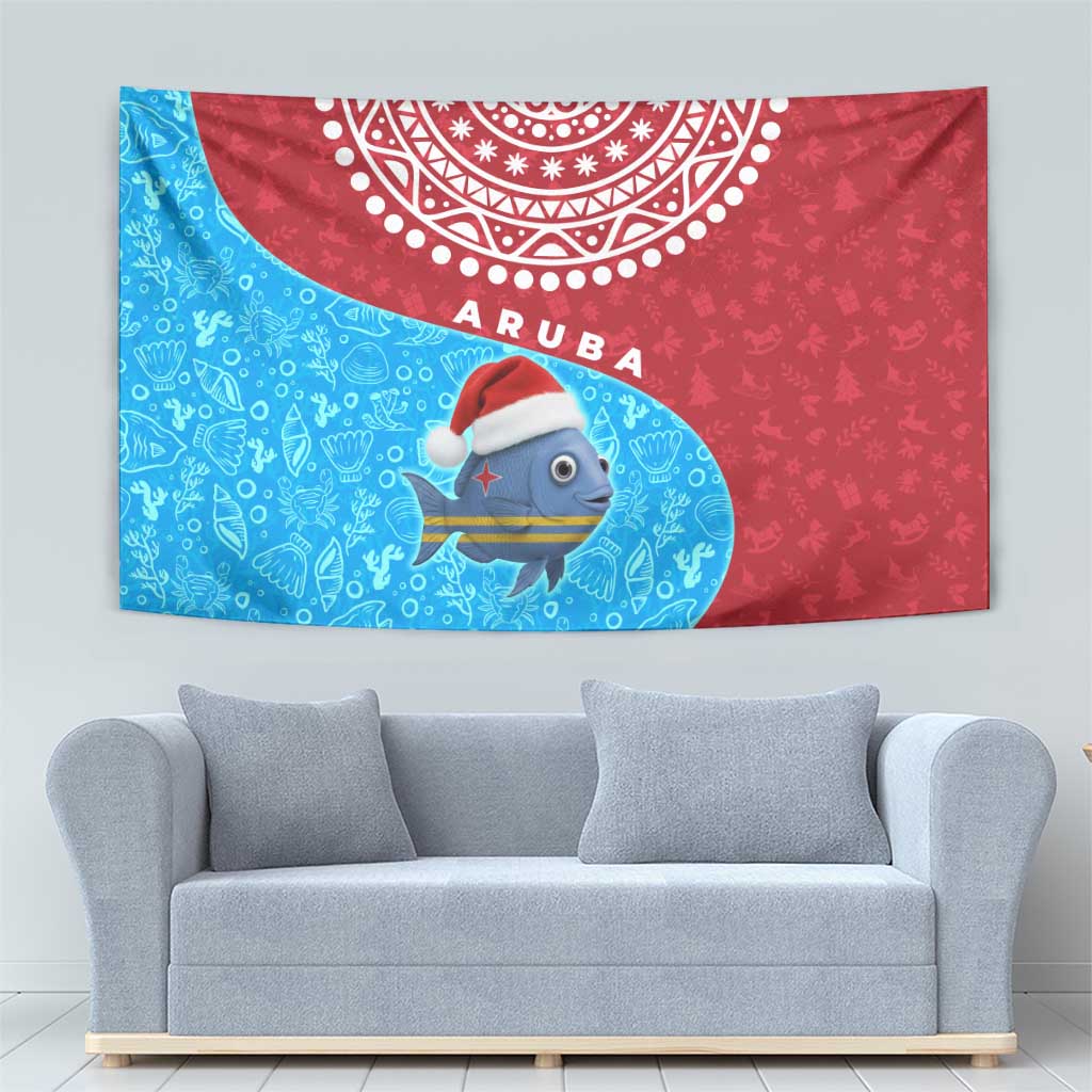 Aruba Christmas Tapestry with Santa Fish Aruba Flag Ocean Icons and Red Blue Holiday Pattern Design - Wonder Print Shop