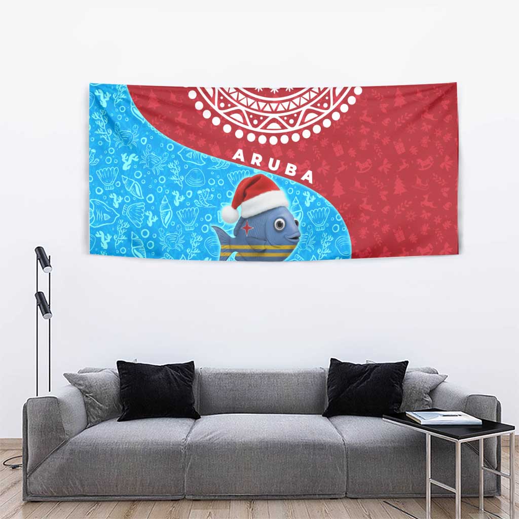Aruba Christmas Tapestry with Santa Fish Aruba Flag Ocean Icons and Red Blue Holiday Pattern Design - Wonder Print Shop
