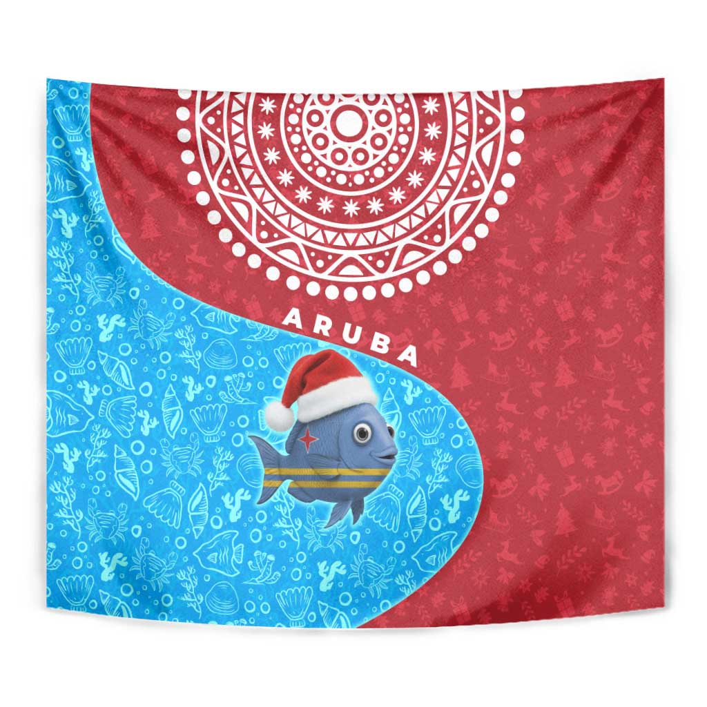 Aruba Christmas Tapestry with Santa Fish Aruba Flag Ocean Icons and Red Blue Holiday Pattern Design - Wonder Print Shop