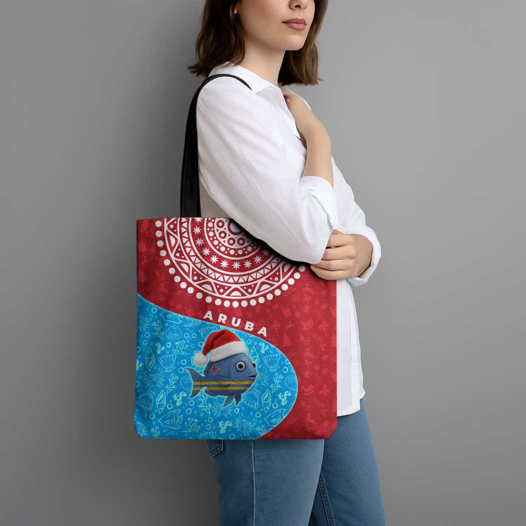 Aruba Christmas Tote Bag with Santa Fish Aruba Flag Ocean Icons and Red Blue Holiday Pattern Design - Wonder Print Shop