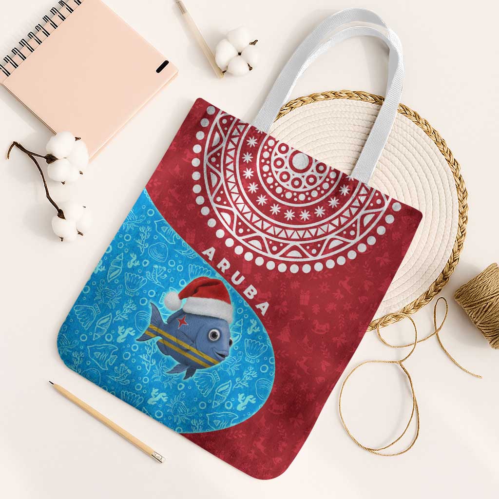 Aruba Christmas Tote Bag with Santa Fish Aruba Flag Ocean Icons and Red Blue Holiday Pattern Design - Wonder Print Shop