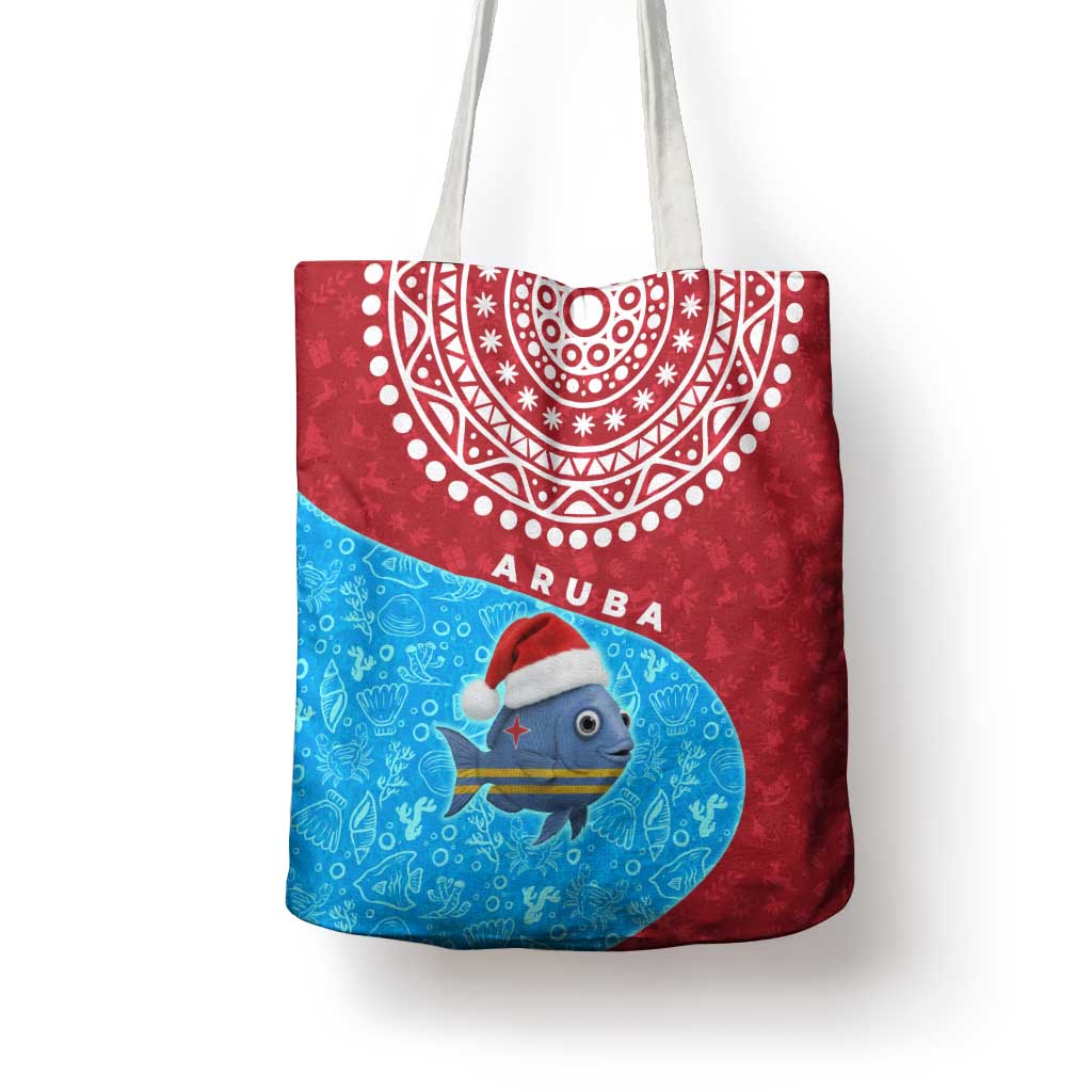 Aruba Christmas Tote Bag with Santa Fish Aruba Flag Ocean Icons and Red Blue Holiday Pattern Design - Wonder Print Shop