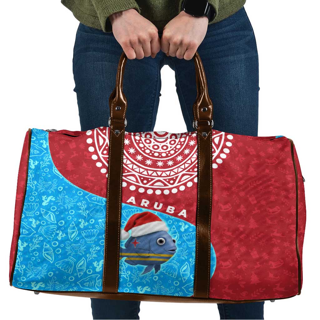 Aruba Christmas Travel Bag with Santa Fish Aruba Flag Ocean Icons and Red Blue Holiday Pattern Design - Wonder Print Shop