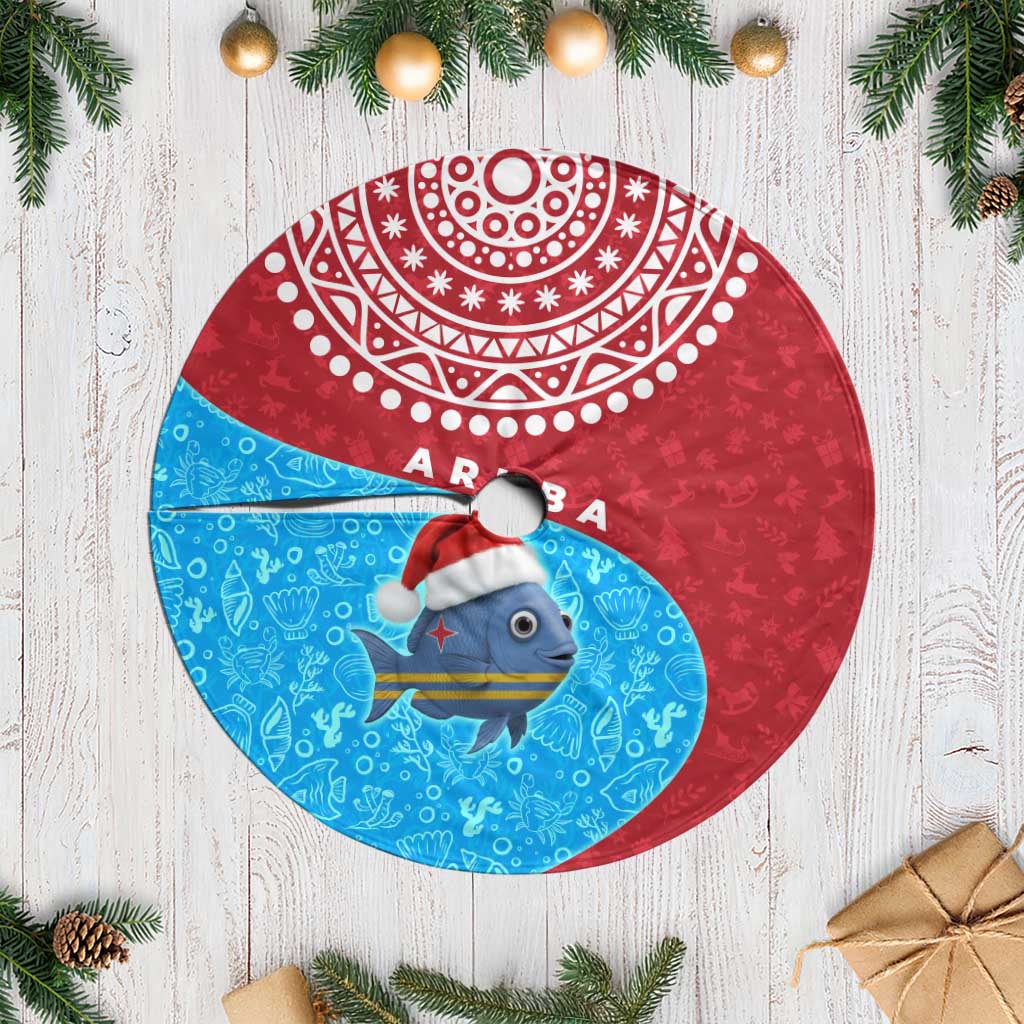 Aruba Christmas Tree Skirt with Santa Fish Aruba Flag Ocean Icons and Red Blue Holiday Pattern Design - Wonder Print Shop