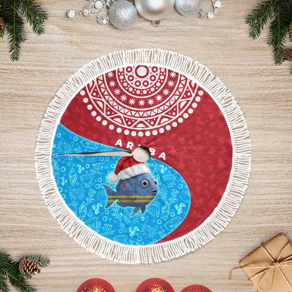 Aruba Christmas Tree Skirt with Santa Fish Aruba Flag Ocean Icons and Red Blue Holiday Pattern Design - Wonder Print Shop