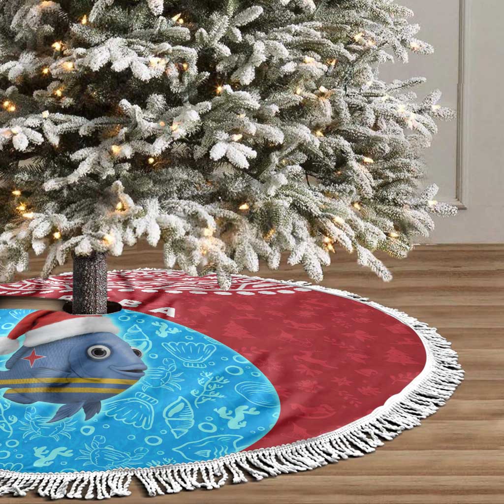 Aruba Christmas Tree Skirt with Santa Fish Aruba Flag Ocean Icons and Red Blue Holiday Pattern Design - Wonder Print Shop