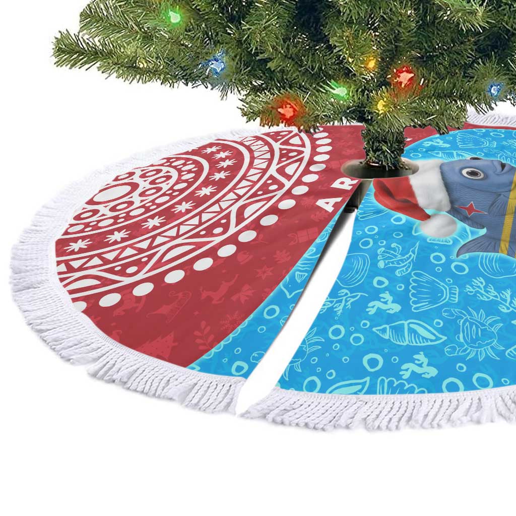 Aruba Christmas Tree Skirt with Santa Fish Aruba Flag Ocean Icons and Red Blue Holiday Pattern Design - Wonder Print Shop