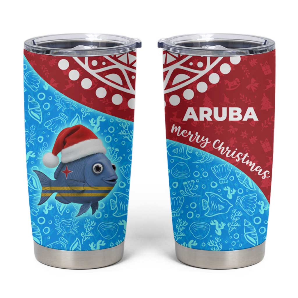 Aruba Christmas Tumbler Cup with Santa Fish Aruba Flag Ocean Icons and Red Blue Holiday Pattern Design - Wonder Print Shop