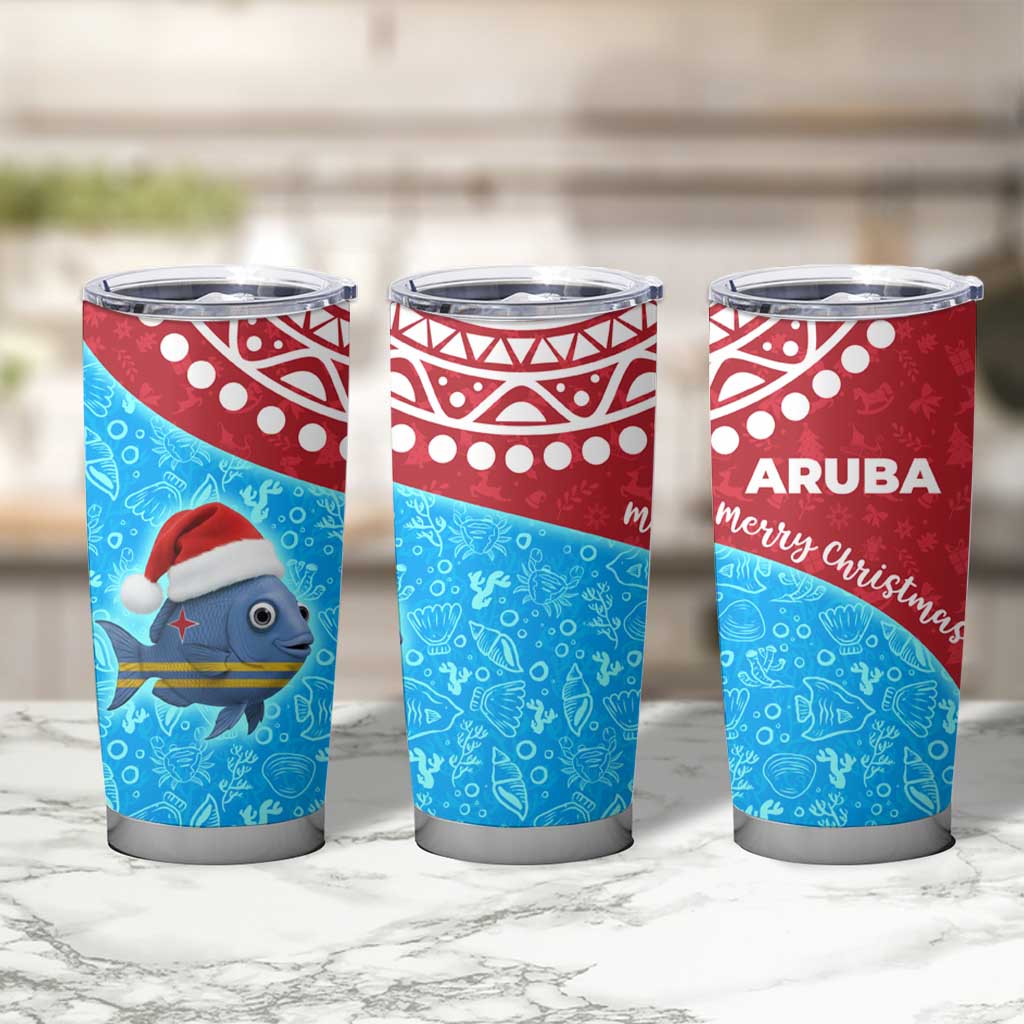 Aruba Christmas Tumbler Cup with Santa Fish Aruba Flag Ocean Icons and Red Blue Holiday Pattern Design - Wonder Print Shop
