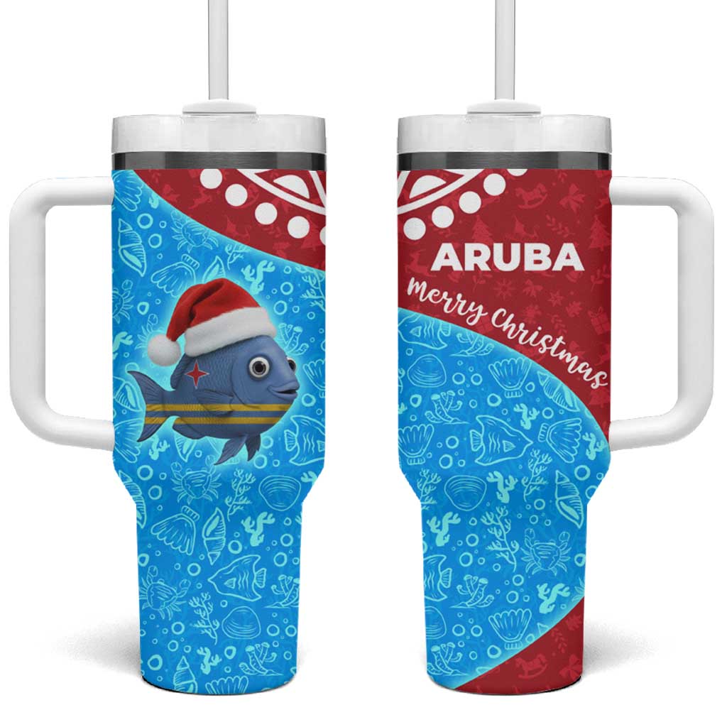 Aruba Christmas Tumbler With Handle with Santa Fish Aruba Flag Ocean Icons and Red Blue Holiday Pattern Design - Wonder Print Shop