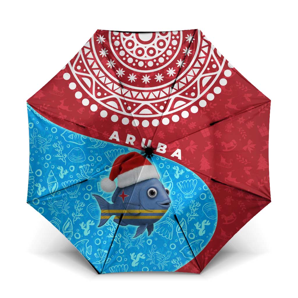 Aruba Christmas Umbrella with Santa Fish Aruba Flag Ocean Icons and Red Blue Holiday Pattern Design - Wonder Print Shop