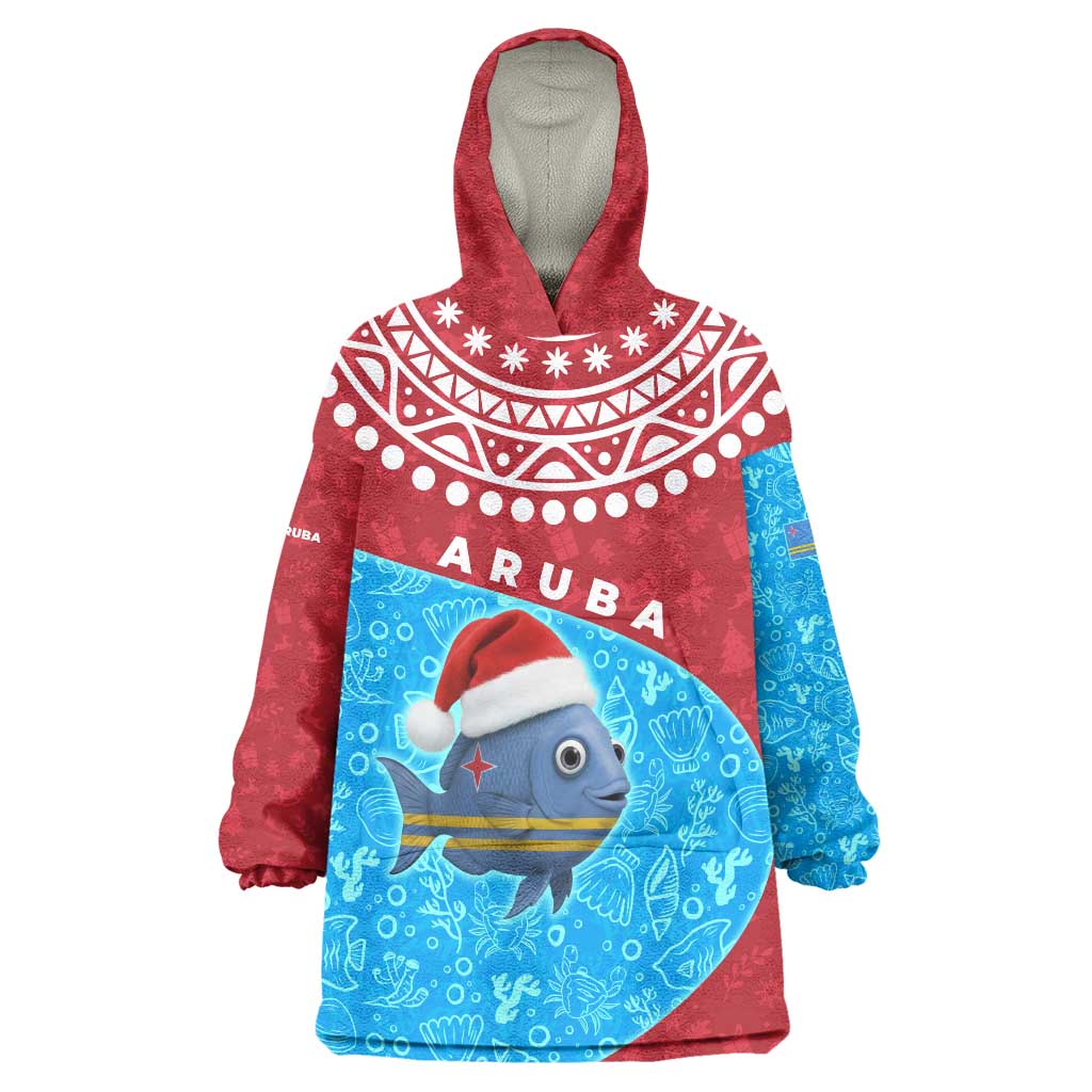 Aruba Christmas Wearable Blanket Hoodie with Santa Fish Aruba Flag Ocean Icons and Red Blue Holiday Pattern Design - Wonder Print Shop