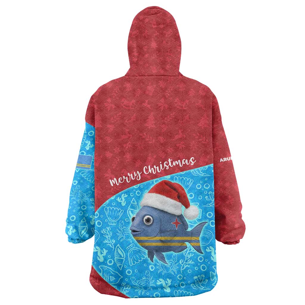 Aruba Christmas Wearable Blanket Hoodie with Santa Fish Aruba Flag Ocean Icons and Red Blue Holiday Pattern Design - Wonder Print Shop
