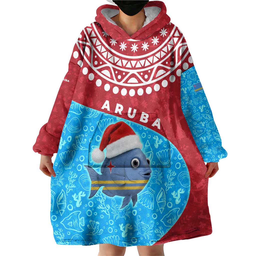 Aruba Christmas Wearable Blanket Hoodie with Santa Fish Aruba Flag Ocean Icons and Red Blue Holiday Pattern Design - Wonder Print Shop