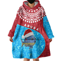 Aruba Christmas Wearable Blanket Hoodie with Santa Fish Aruba Flag Ocean Icons and Red Blue Holiday Pattern Design - Wonder Print Shop