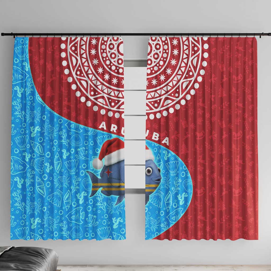 Aruba Christmas Window Curtain with Santa Fish Aruba Flag Ocean Icons and Red Blue Holiday Pattern Design - Wonder Print Shop