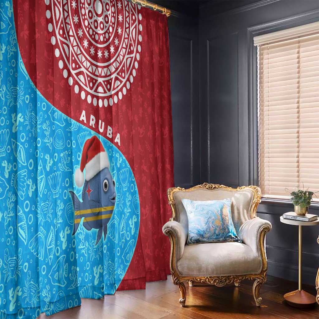 Aruba Christmas Window Curtain with Santa Fish Aruba Flag Ocean Icons and Red Blue Holiday Pattern Design - Wonder Print Shop