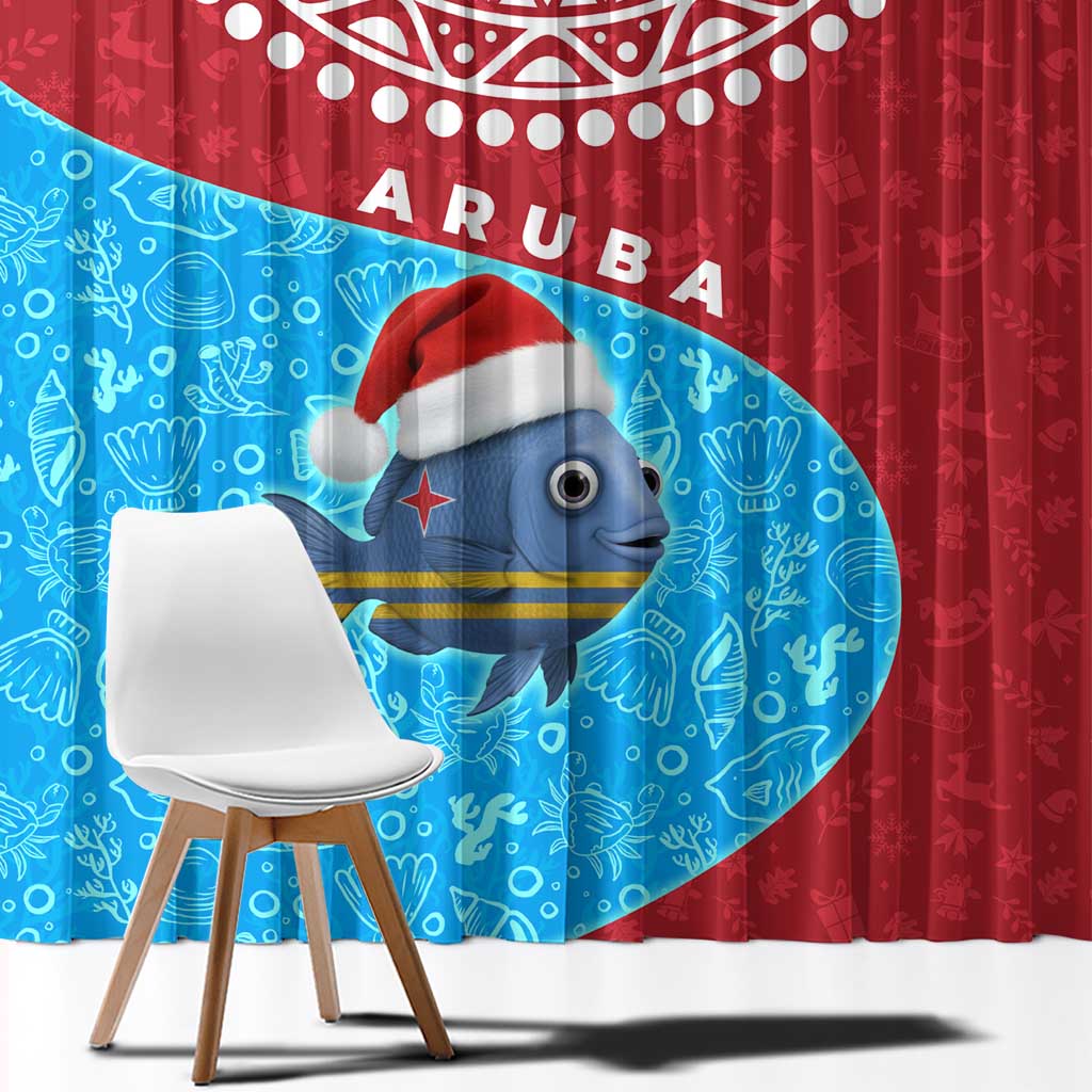 Aruba Christmas Window Curtain with Santa Fish Aruba Flag Ocean Icons and Red Blue Holiday Pattern Design - Wonder Print Shop