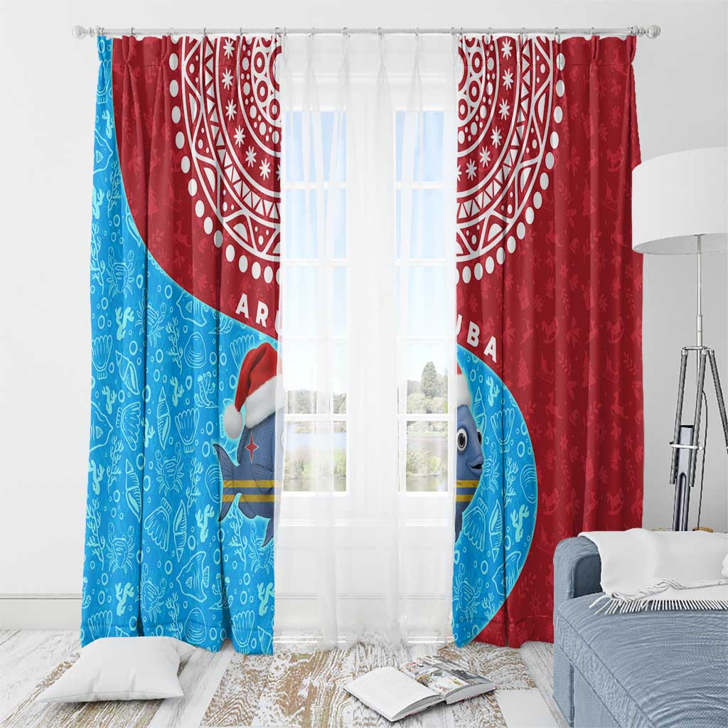 Aruba Christmas Window Curtain with Santa Fish Aruba Flag Ocean Icons and Red Blue Holiday Pattern Design - Wonder Print Shop