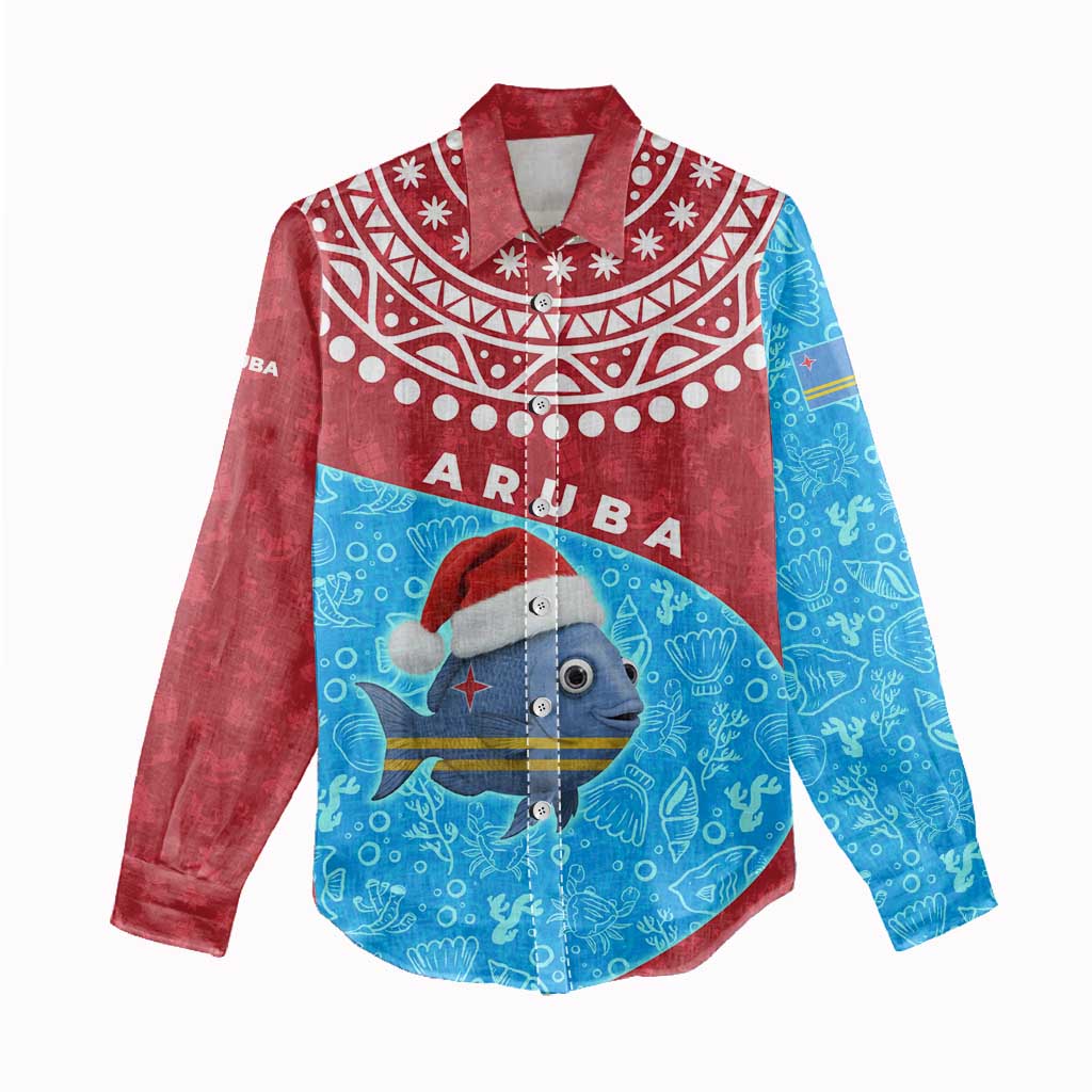 Aruba Christmas Women Casual Shirt with Santa Fish Aruba Flag Ocean Icons and Red Blue Holiday Pattern Design - Wonder Print Shop