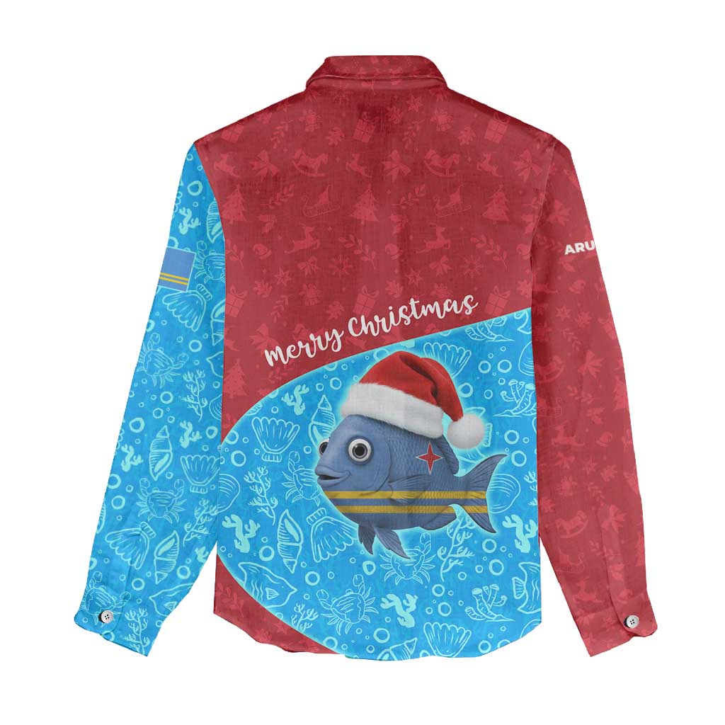 Aruba Christmas Women Casual Shirt with Santa Fish Aruba Flag Ocean Icons and Red Blue Holiday Pattern Design - Wonder Print Shop