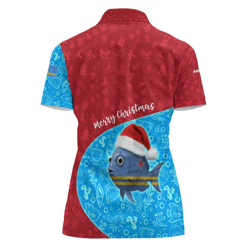 Aruba Christmas Women Polo Shirt with Santa Fish Aruba Flag Ocean Icons and Red Blue Holiday Pattern Design - Wonder Print Shop