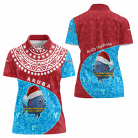 Aruba Christmas Women Polo Shirt with Santa Fish Aruba Flag Ocean Icons and Red Blue Holiday Pattern Design - Wonder Print Shop