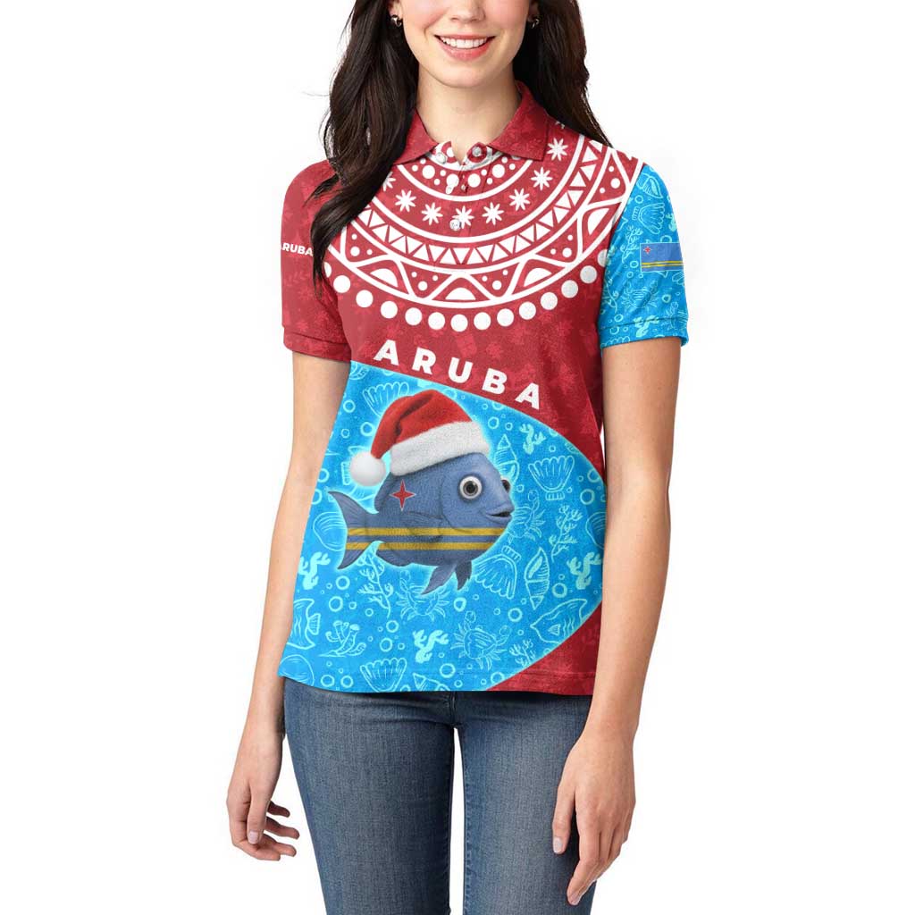 Aruba Christmas Women Polo Shirt with Santa Fish Aruba Flag Ocean Icons and Red Blue Holiday Pattern Design - Wonder Print Shop