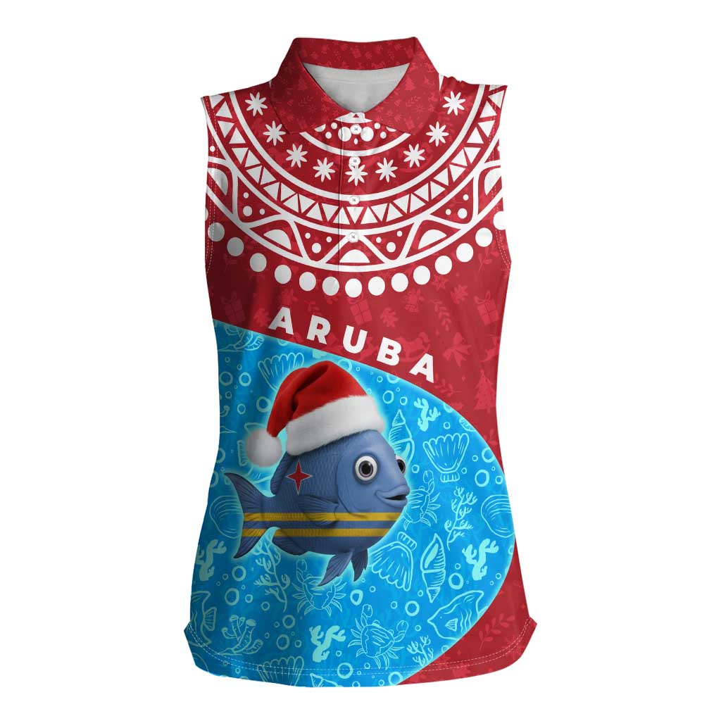 Aruba Christmas Women Sleeveless Polo Shirt with Santa Fish Aruba Flag Ocean Icons and Red Blue Holiday Pattern Design - Wonder Print Shop