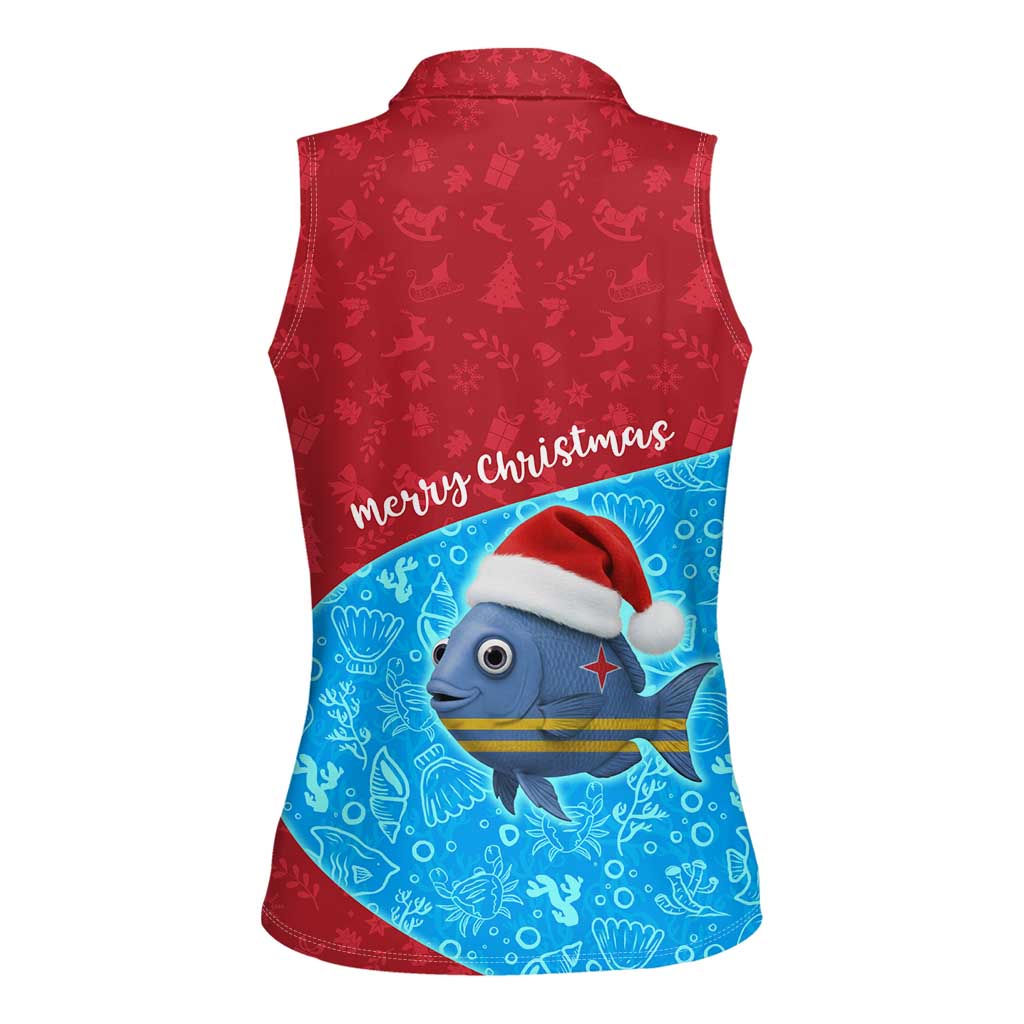 Aruba Christmas Women Sleeveless Polo Shirt with Santa Fish Aruba Flag Ocean Icons and Red Blue Holiday Pattern Design - Wonder Print Shop