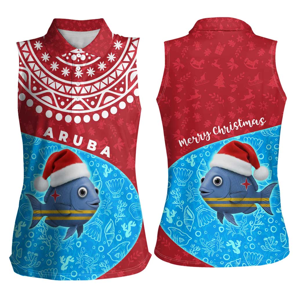 Aruba Christmas Women Sleeveless Polo Shirt with Santa Fish Aruba Flag Ocean Icons and Red Blue Holiday Pattern Design - Wonder Print Shop