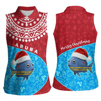 Aruba Christmas Women Sleeveless Polo Shirt with Santa Fish Aruba Flag Ocean Icons and Red Blue Holiday Pattern Design - Wonder Print Shop