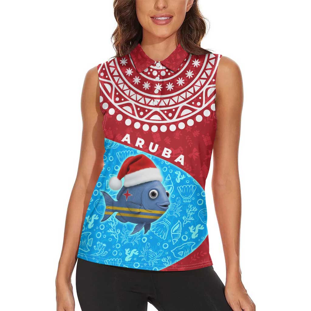 Aruba Christmas Women Sleeveless Polo Shirt with Santa Fish Aruba Flag Ocean Icons and Red Blue Holiday Pattern Design - Wonder Print Shop