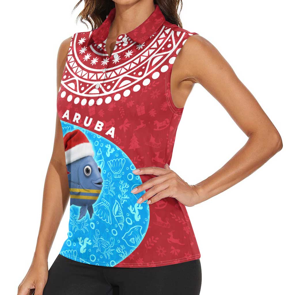 Aruba Christmas Women Sleeveless Polo Shirt with Santa Fish Aruba Flag Ocean Icons and Red Blue Holiday Pattern Design - Wonder Print Shop