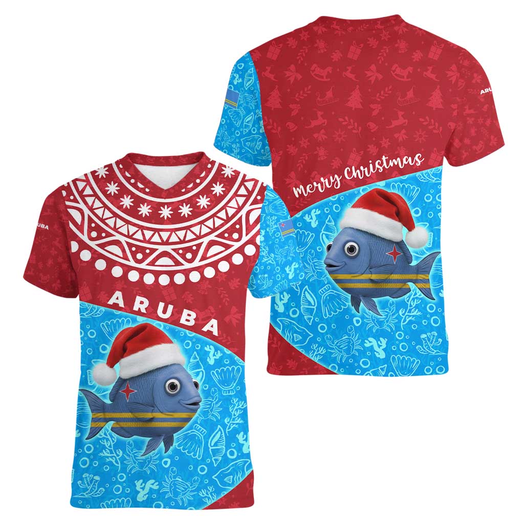 Aruba Christmas Women V-Neck T-Shirt with Santa Fish Aruba Flag Ocean Icons and Red Blue Holiday Pattern Design - Wonder Print Shop