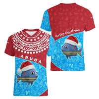 Aruba Christmas Women V-Neck T-Shirt with Santa Fish Aruba Flag Ocean Icons and Red Blue Holiday Pattern Design - Wonder Print Shop