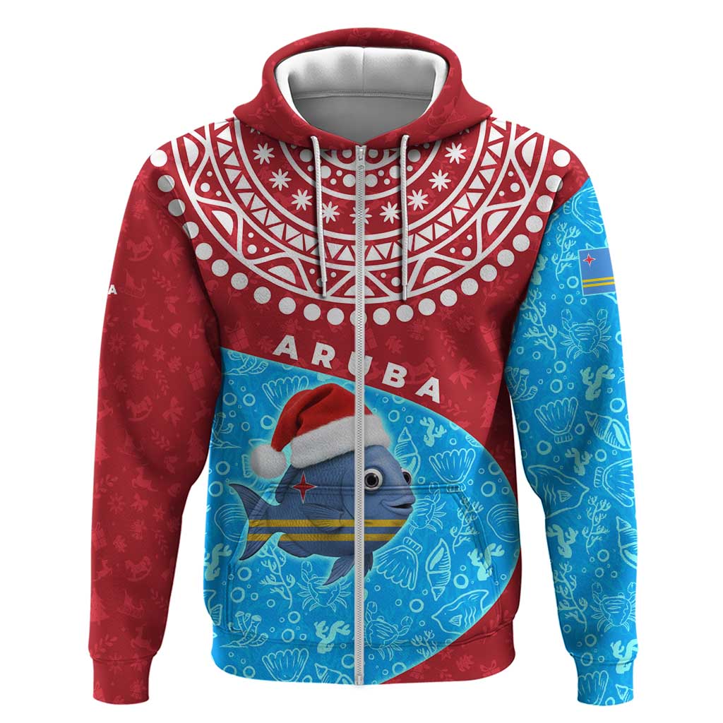 Aruba Christmas Zip Hoodie with Santa Fish Aruba Flag Ocean Icons and Red Blue Holiday Pattern Design - Wonder Print Shop