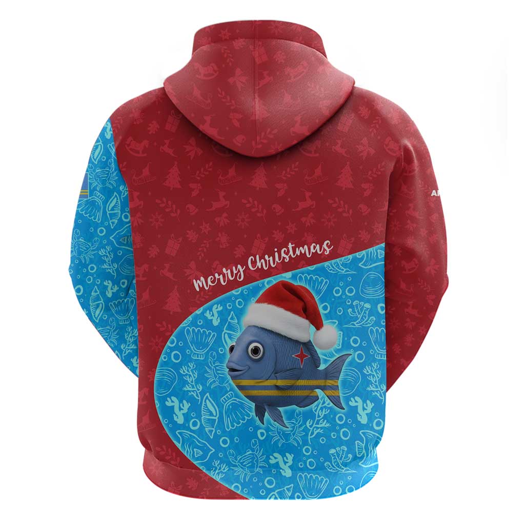 Aruba Christmas Zip Hoodie with Santa Fish Aruba Flag Ocean Icons and Red Blue Holiday Pattern Design - Wonder Print Shop