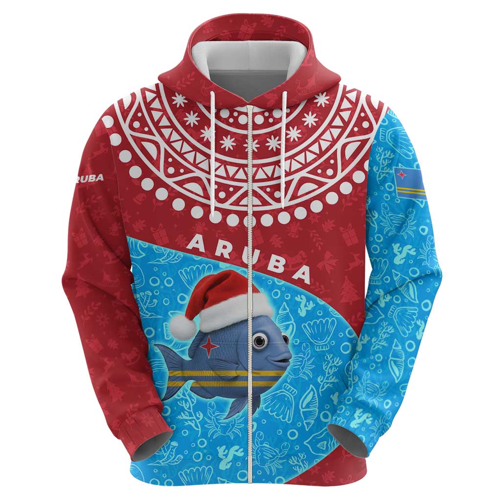 Aruba Christmas Zip Hoodie with Santa Fish Aruba Flag Ocean Icons and Red Blue Holiday Pattern Design - Wonder Print Shop