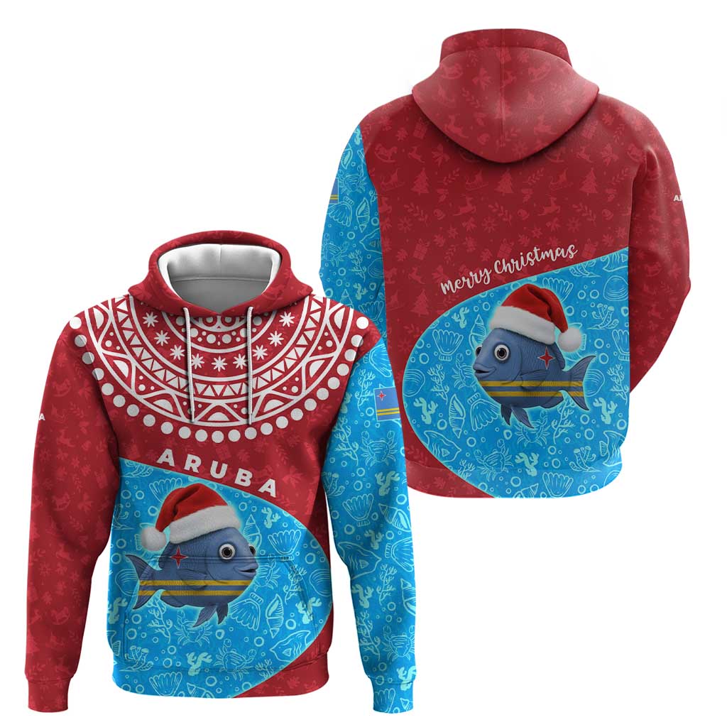 Aruba Christmas Zip Hoodie with Santa Fish Aruba Flag Ocean Icons and Red Blue Holiday Pattern Design - Wonder Print Shop