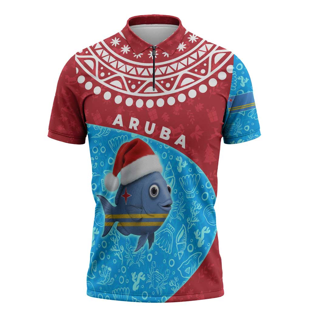 Aruba Christmas Zipper Polo Shirt with Santa Fish Aruba Flag Ocean Icons and Red Blue Holiday Pattern Design - Wonder Print Shop