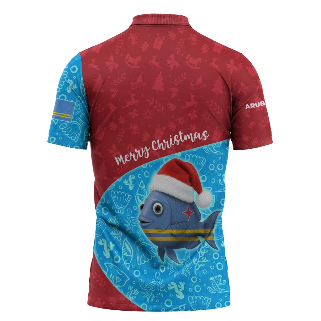 Aruba Christmas Zipper Polo Shirt with Santa Fish Aruba Flag Ocean Icons and Red Blue Holiday Pattern Design - Wonder Print Shop