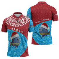 Aruba Christmas Zipper Polo Shirt with Santa Fish Aruba Flag Ocean Icons and Red Blue Holiday Pattern Design - Wonder Print Shop