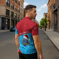 Aruba Christmas Zipper Polo Shirt with Santa Fish Aruba Flag Ocean Icons and Red Blue Holiday Pattern Design - Wonder Print Shop